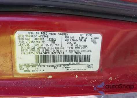 1996 Ford Econoline E350 Super Duty Van из США, поврежденный, VIN 1FTJS34G0THA91901